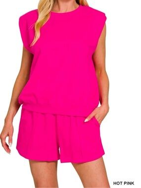 Zenana Outfitters Hot Pink Sleeveless Lounge Shorts Set